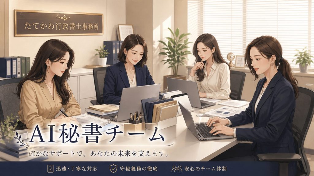Illustration of four women in business attire working at a conference table with laptops in a bright office, representing an AI secretary team.
