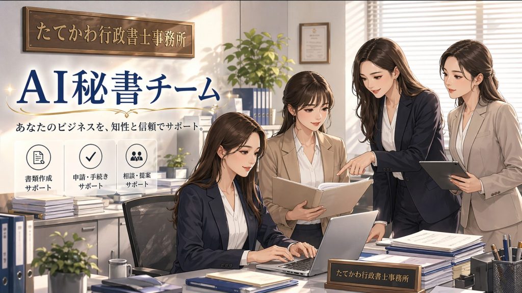 Four women in business attire collaborate around a desk in a modern office, reviewing documents under a sign reading ‘AI秘書チーム’ (AI Secretary Team).