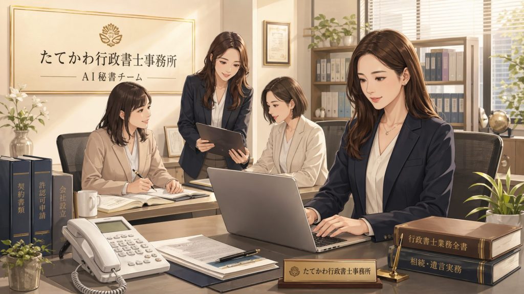 行政書士事務所のオフィスで4人の女性スタッフが協力して書類を確認する場面。中央の女性がノートパソコンを操作し、別の2人が資料を見ながら議論している。左にはファイルと電話機がある。雰囲気は落ち着いたビジネス環境。